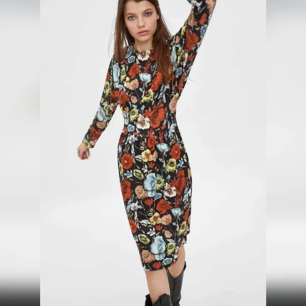 Zara Floral Midi Long Sleeve Dress, Sz S - Picture 2 of 3
